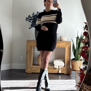 Elegant Black Dress with Cream Stripes